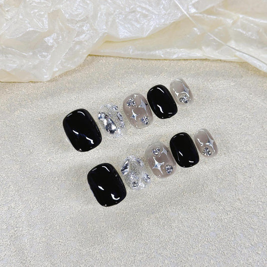 Nails 073-Black Burst Glitter Diamond Quadrangle Halo Short Manicure