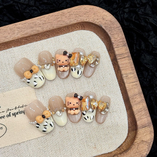 Nails 154-Milk Chestnut Kitten Cute Bow Stacked Diamonds Nail Art