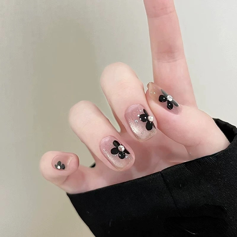 Nails 218-Rose Under the Moon French Crystals Hand Painted Black Flower Nail Art