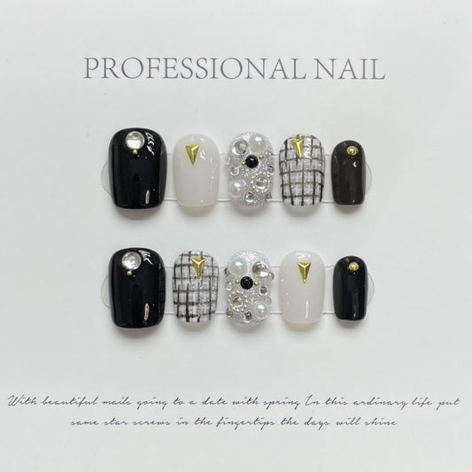 Nails 071-Chain pearl tweed chambray nail art