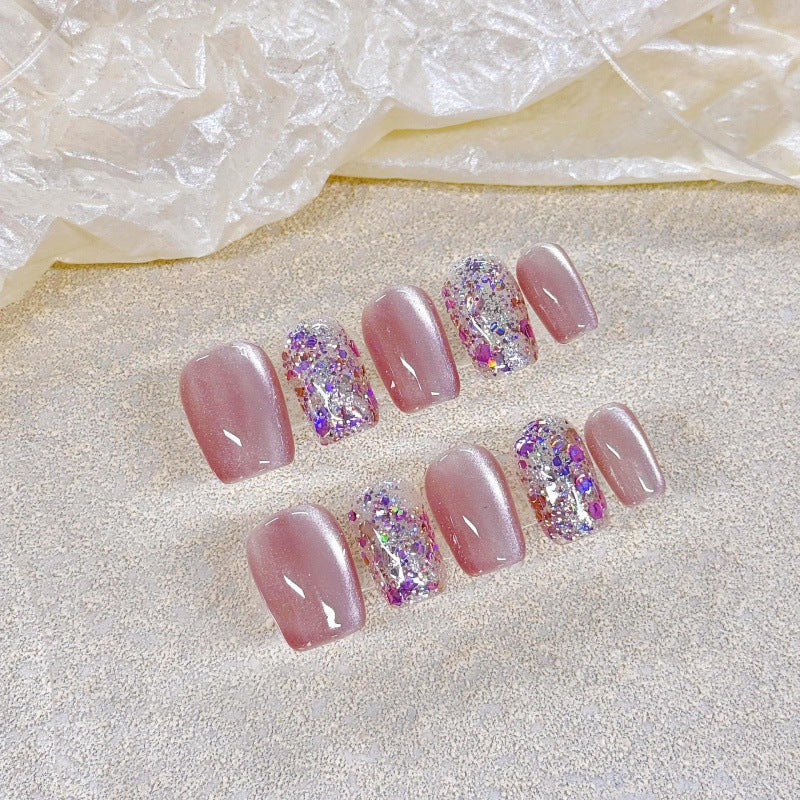 Nails 069-Sweetheart Ribbon Polka Dot Blush Nail Art