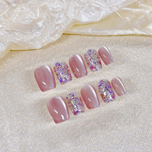 Nails 069-Sweetheart Ribbon Polka Dot Blush Nail Art