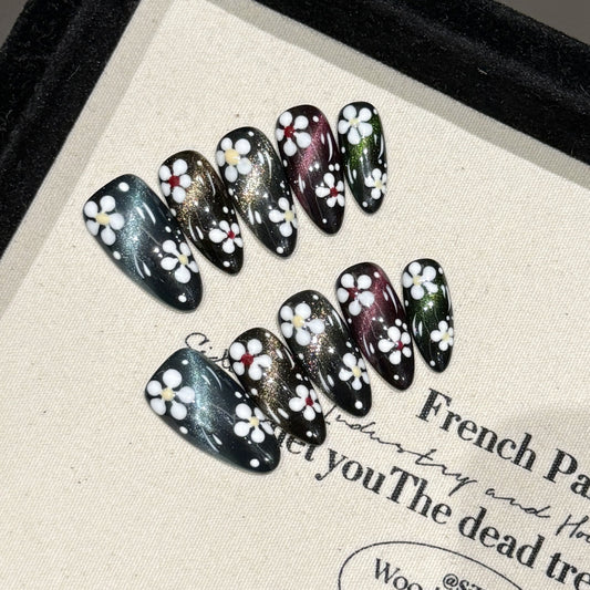 Nails 216-Shadow Flower Mystery Black Painted Flower Nail Art