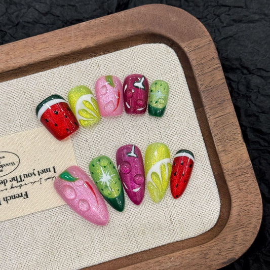 Nails 249-Fruit Party Painted Fruit Cat Eye Sculpted Nail Art