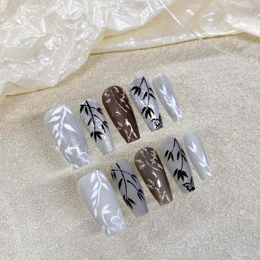 Nails 074-Hand Painted Butterfly Bamboo Nail Art
