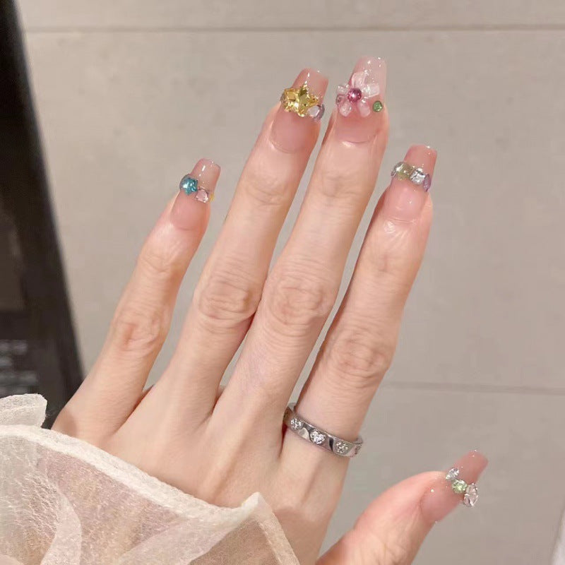 Nails 201-Creamy Yellow French Bubble Beads Aurora Bomb Diamonds Nail Art