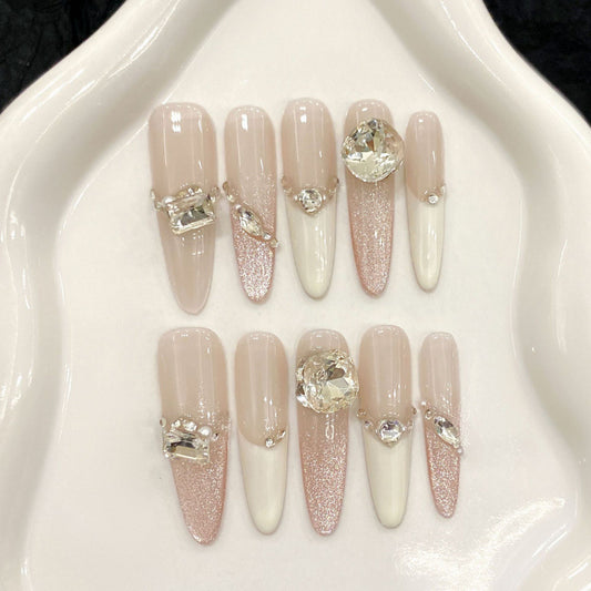 Nails 286-Rinko White Peach Burst Glitter Nude Gradient Glass Bead Manicure
