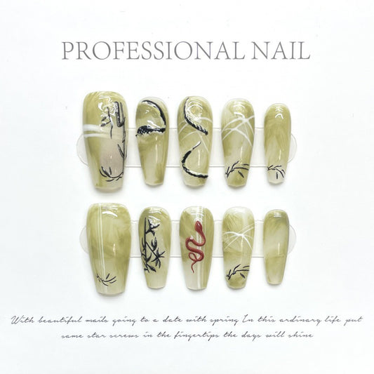 Nails 112-Bamboo Shadow Ink Green Nail Art