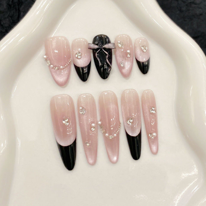 Nails 206-Pink and Purple Cat's Eye Crushed Diamonds Nail Art