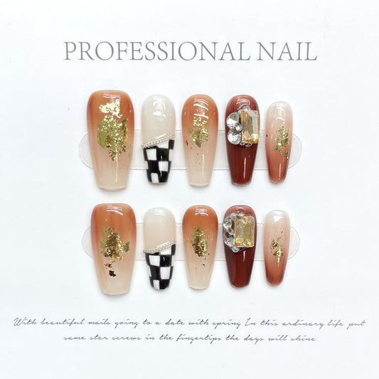 Nails 304-Amber Autumn Tea Chain Hand Painted Tessellated Pearl Nail Art