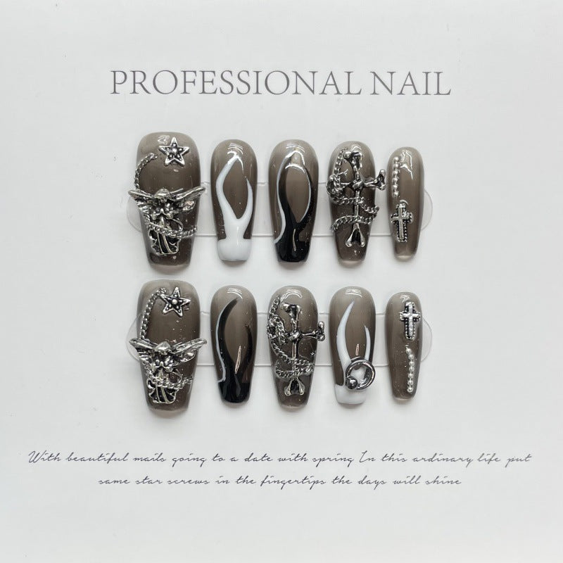 Nails 072-Heavy Metal Black and White Mandarin Flame Manicure