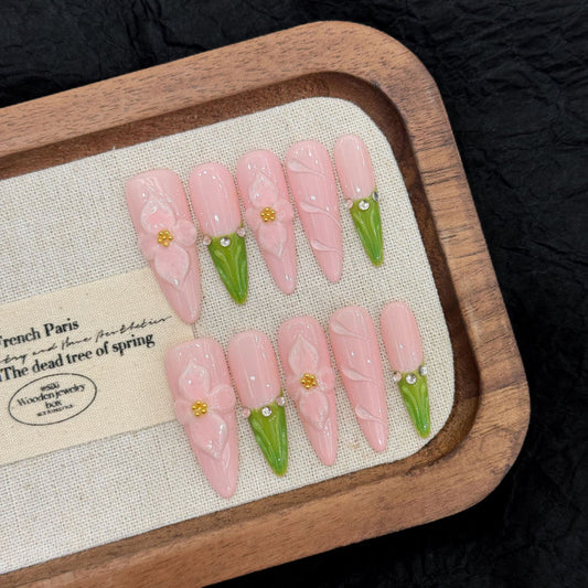 Nails 228-Soft Powder Elegant Sculpted Pink Nail Art