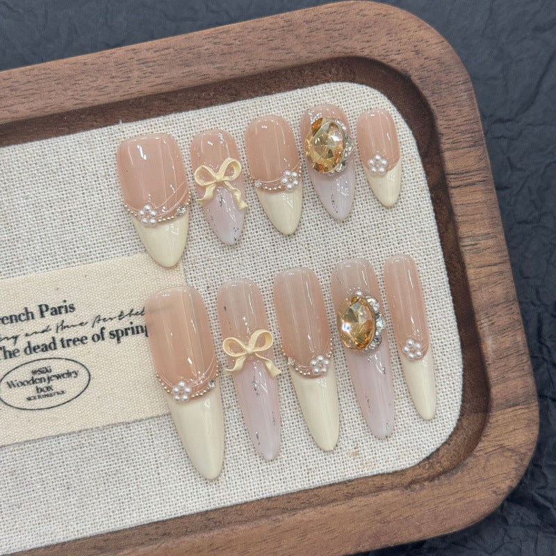 Nails 141-Creamy Yellow French Sweet Girl Bow Nail Art