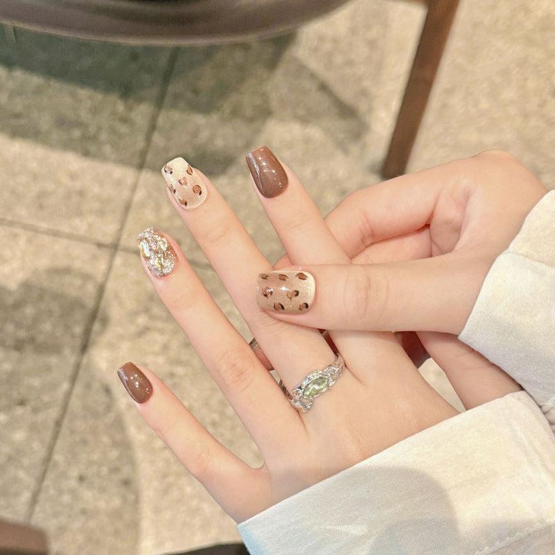 Nails 202-Mocha Chip Leopard Print Gold Brown Cat Eye Manicure