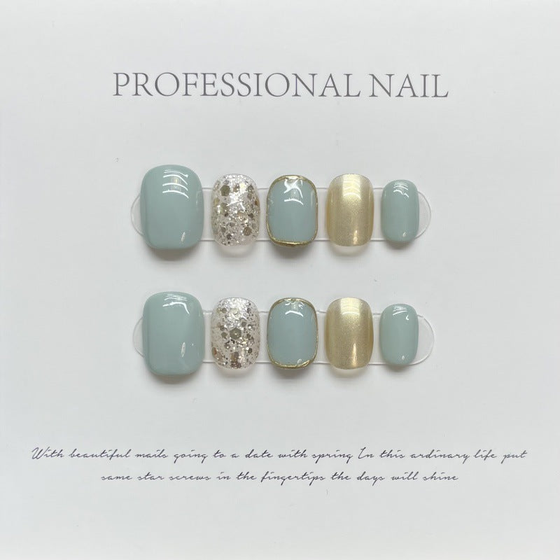 Nails 056-Fresh Creamy Green Mirror Champagne Pop Glitter Nail Art