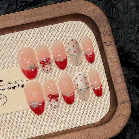 Nails 308-New Year's Red French White Nail Art