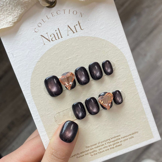 Nails 083-Black Glazed Cat Eye Short Manicure