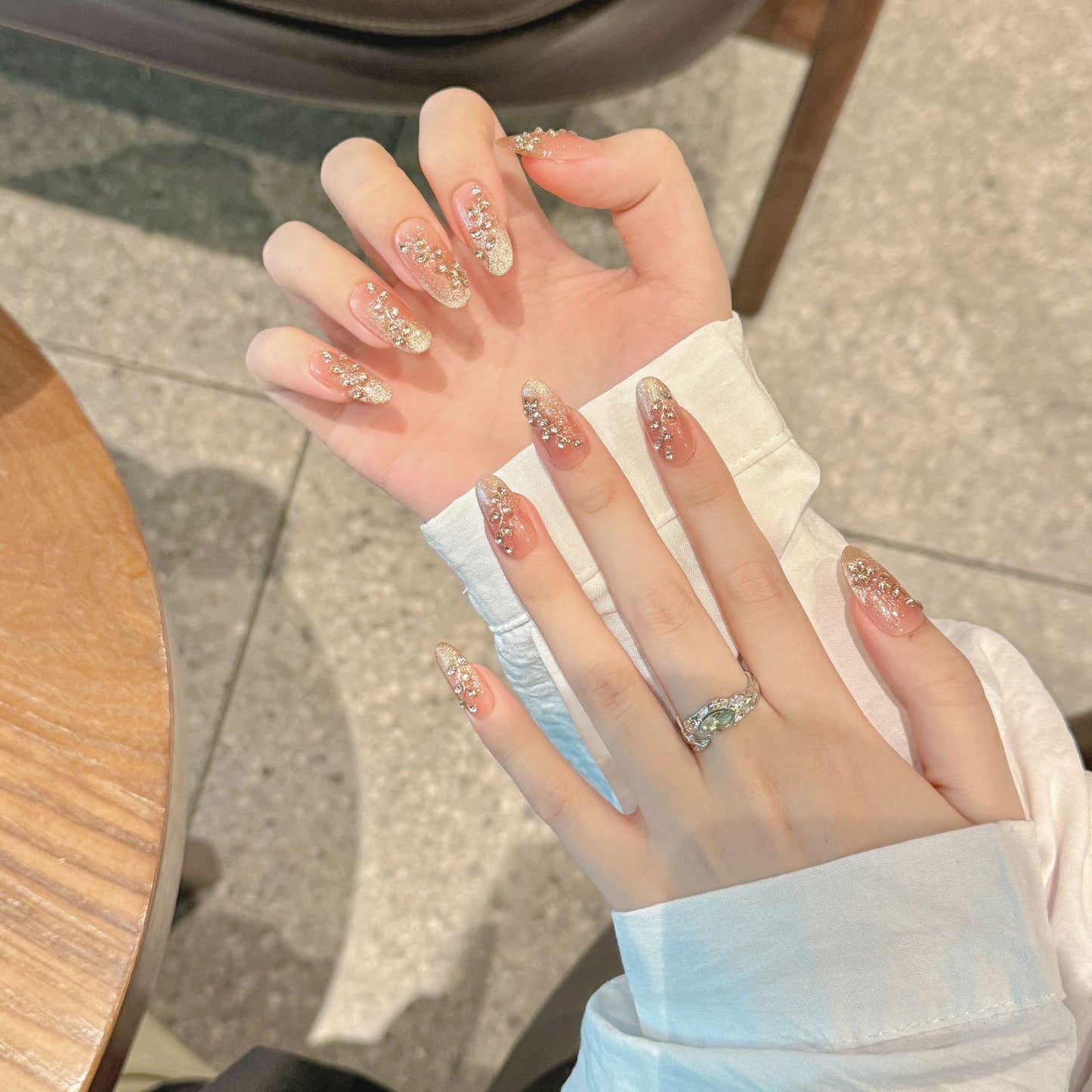 Nails 219-Moonlight Star River Horse Eye Zirconia Champagne Gradient Nail Art