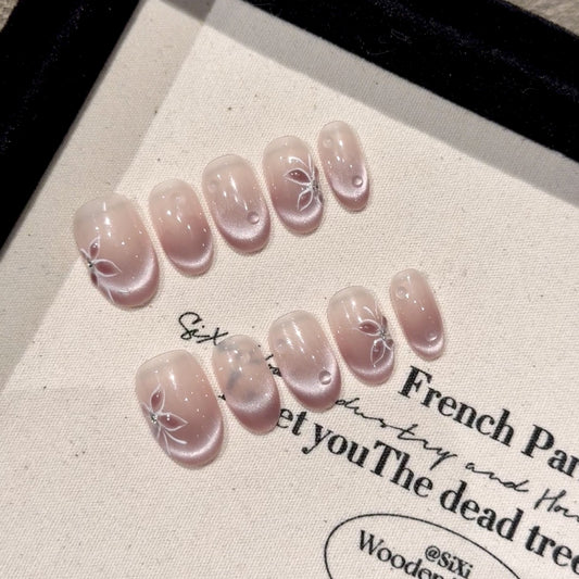Nails 232-Peachy Butterfly Glass Bead Manicure