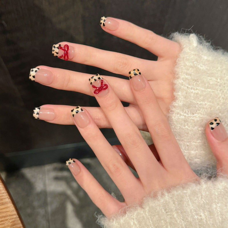 Nails 328-Wild Leopard Print Hand Painted Bow Nail Art