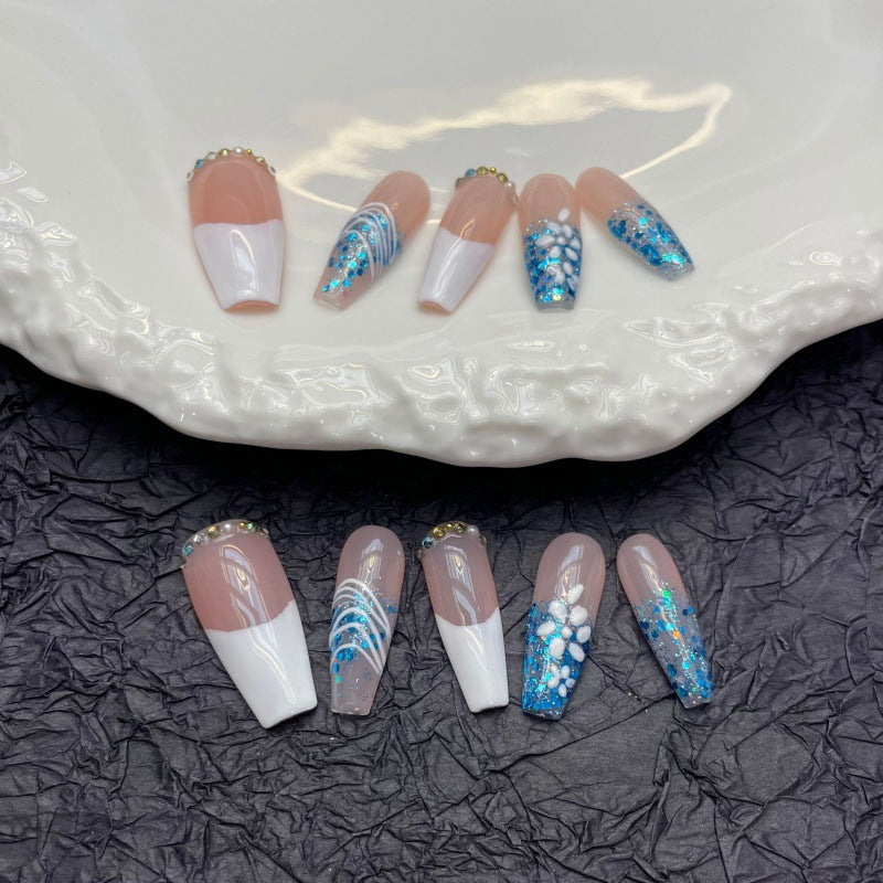 Nails 147-French Ice Blue Glitter Nail Art