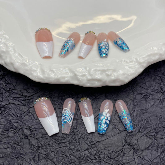 Nails 147-French Ice Blue Glitter Nail Art