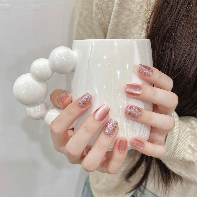 Nails 069-Sweetheart Ribbon Polka Dot Blush Nail Art