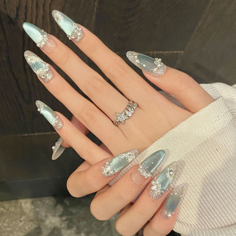 Nails 149-Skyland Blue Ice Translucent Cat Eye Nail Art