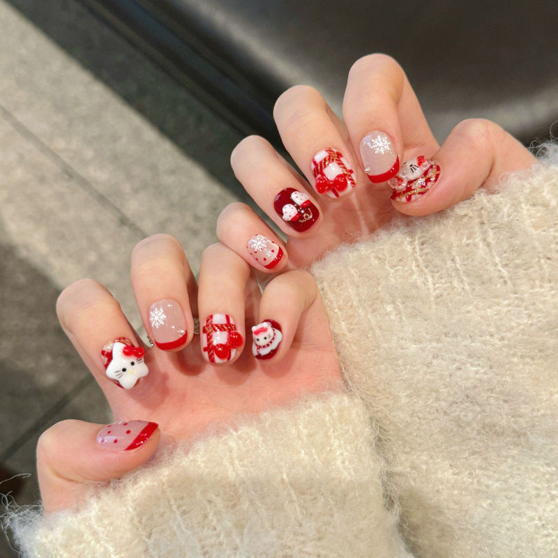 Nails 306-Christmas kitty cat red manicure