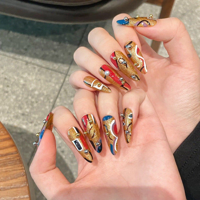 Nails 132-Egyptian Prince Line Patchwork Colour Manicure