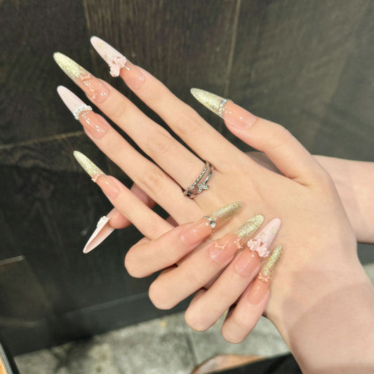Nails 263-Romantic French Gold Burst Pearl Skirt Nail Art