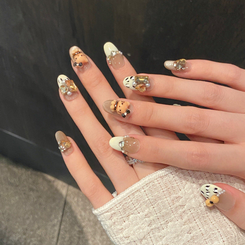 Nails 154-Milk Chestnut Kitten Cute Bow Stacked Diamonds Nail Art