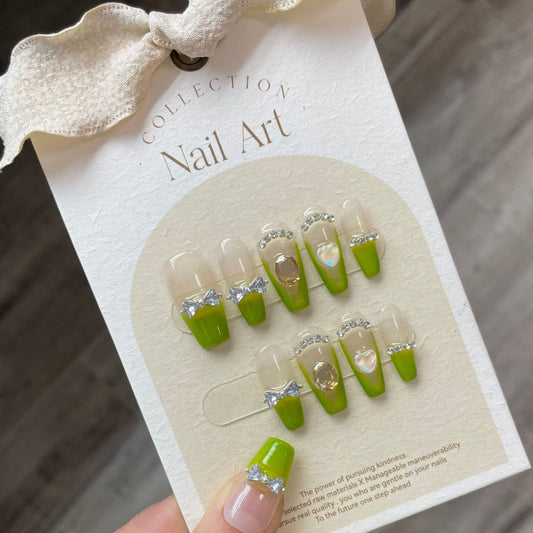 Nails 089-Green French Crystal Bow Nail Art