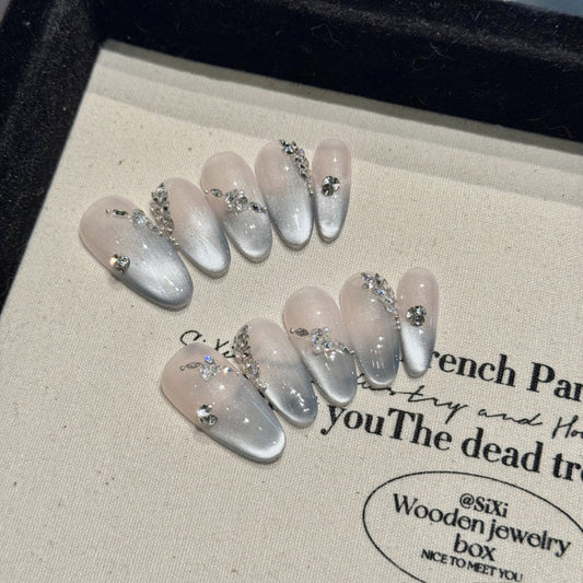 Nails 285-Grey and Blue Crushed Diamond French Cat Eye Manicure