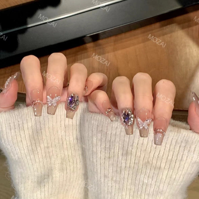 Nails 138-Summer Nights Long Dreams Hand Painted Ice Crystals Butterfly Nail Art