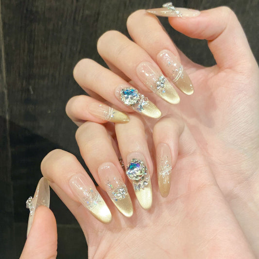 Nails 044-Cold Moon Ice Heart Nude Glass Bead Cat Eye Manicure