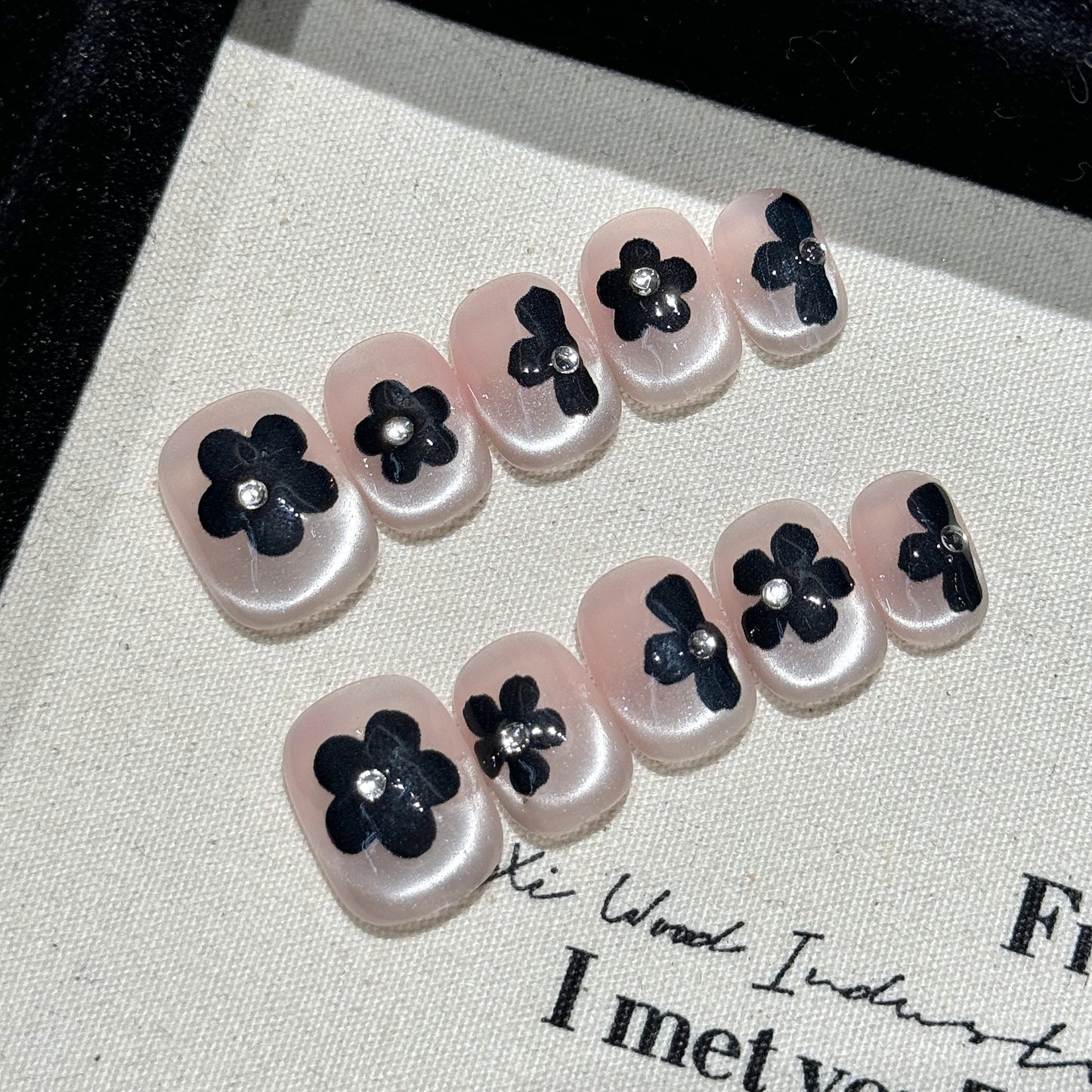 Nails 218-Rose Under the Moon French Crystals Hand Painted Black Flower Nail Art