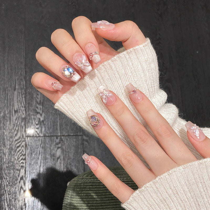 Nails 138-Summer Nights Long Dreams Hand Painted Ice Crystals Butterfly Nail Art