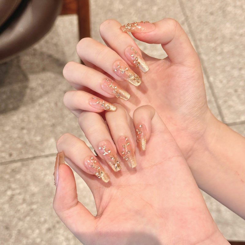 Nails 219-Moonlight Star River Horse Eye Zirconia Champagne Gradient Nail Art