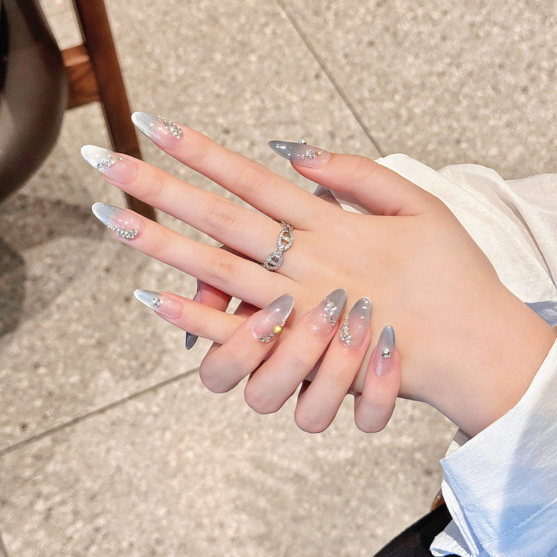 Nails 285-Grey and Blue Crushed Diamond French Cat Eye Manicure
