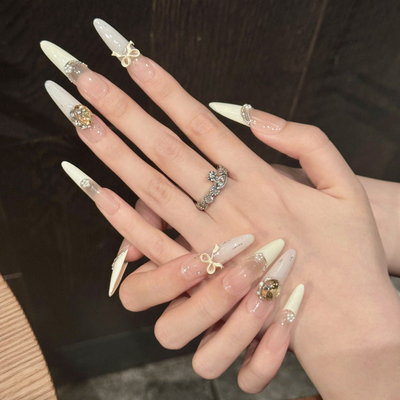 Nails 141-Creamy Yellow French Sweet Girl Bow Nail Art