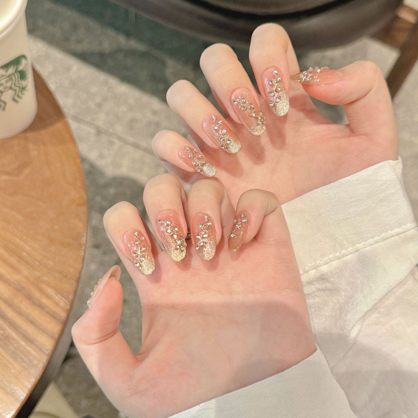 Nails 219-Moonlight Star River Horse Eye Zirconia Champagne Gradient Nail Art