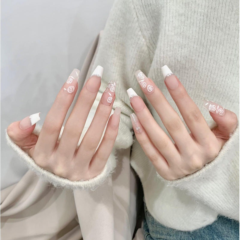 Nails 177-Dried Rose Frosted Hand Painted Rose Manicure