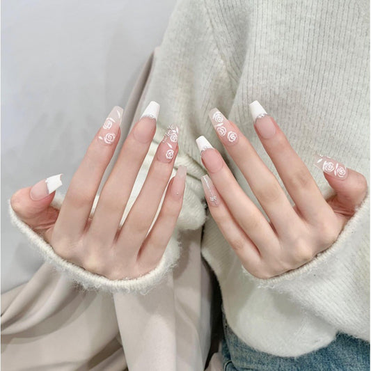 Nails 177-Dried Rose Frosted Hand Painted Rose Manicure