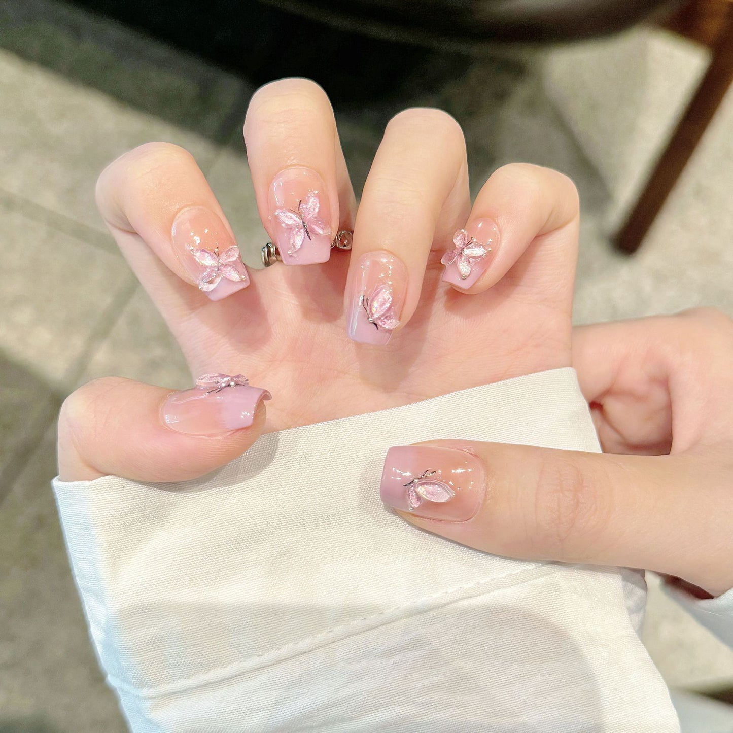 Nails 177-Cat Eye White Short Butterfly Nail Art