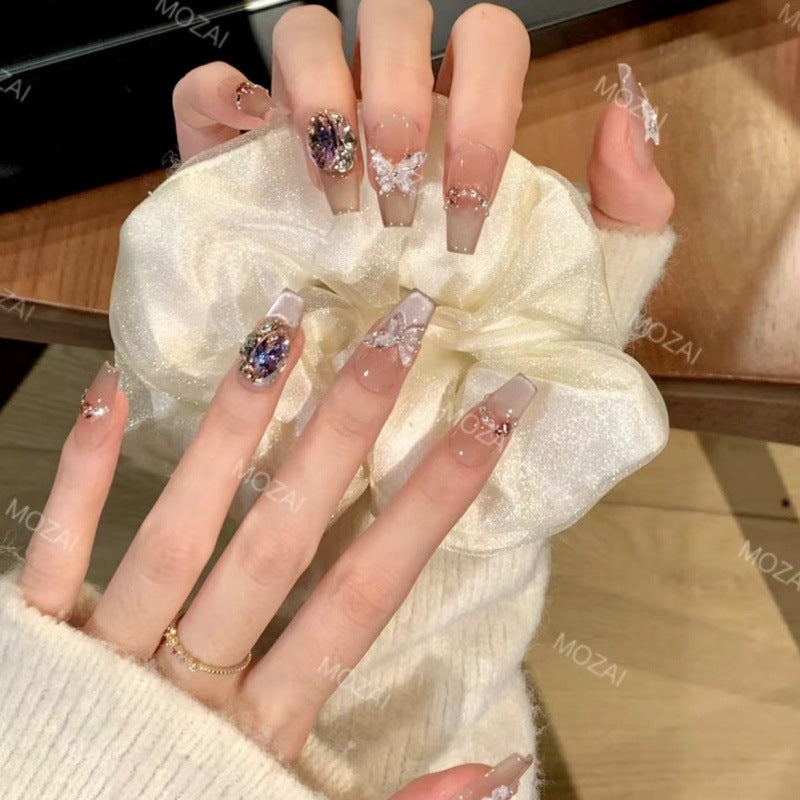 Nails 138-Summer Nights Long Dreams Hand Painted Ice Crystals Butterfly Nail Art