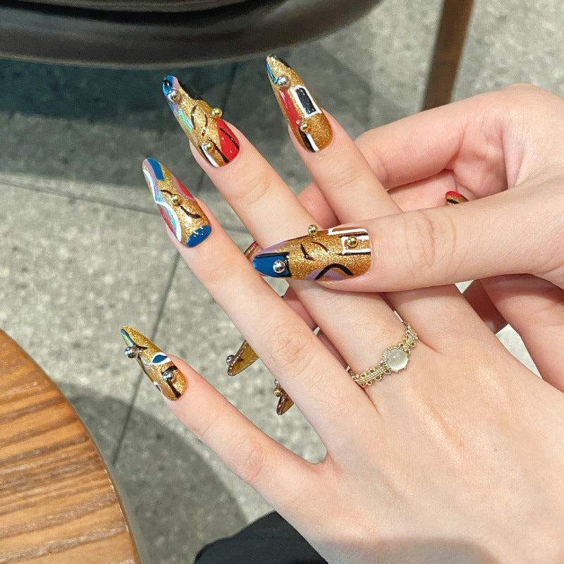 Nails 132-Egyptian Prince Line Patchwork Colour Manicure