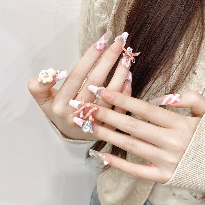 Nails 095-Pink Bear Ballet French Butterfly Patch Nail Art