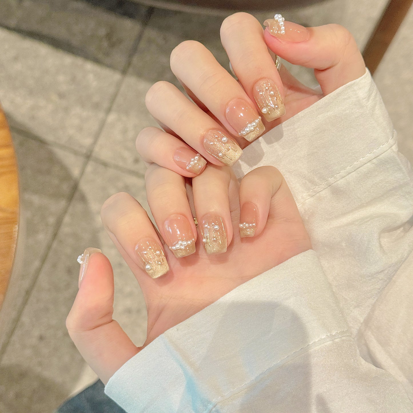 Nails 217-Twilight Tunes French Hand Painted Bow Pearl Nail Art