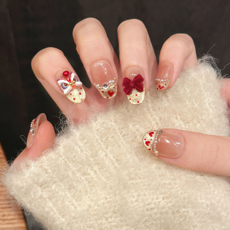 Nails 310-Heartwarming Lion New Year Bow Nail Art